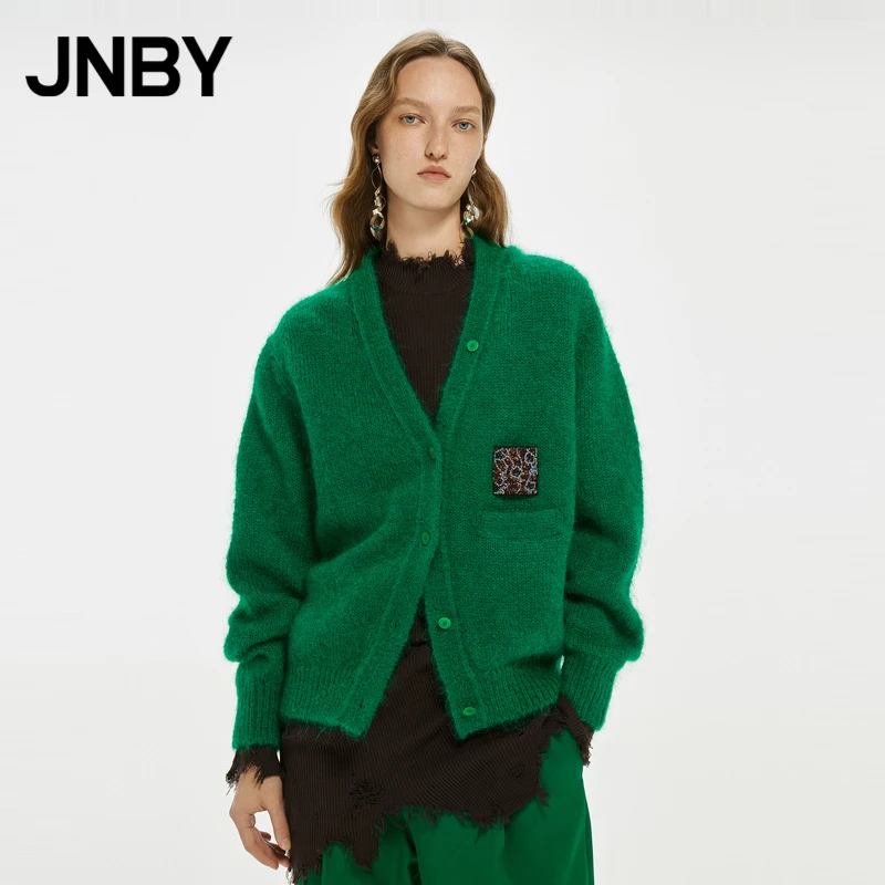 JNBY/江南布衣冬毛针织衫V领时尚马海毛开襟舒适外套女5M9312200