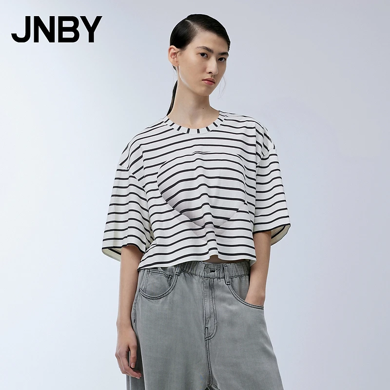 JNBY/江南布衣条纹短款T恤女宽松圆领上衣舒适简约夏季5N2110310