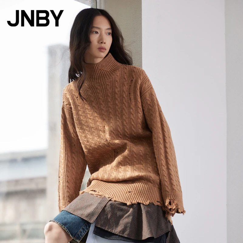 JNBY/江南布衣冬季针织连衣裙女半高领羊毛衫裙拼接宽松5L0GB1310