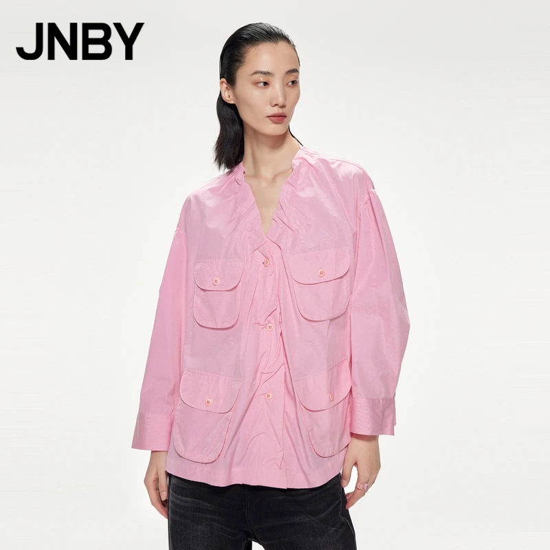 JNBY/江南布衣春衬衫工装风府绸长袖口袋气质休闲女V领5N2614400
