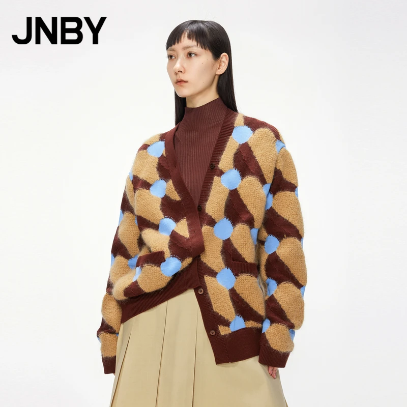 JNBY/江南布衣春毛针织衫开衫V领宽松毛衣提花减龄外套5N1312130