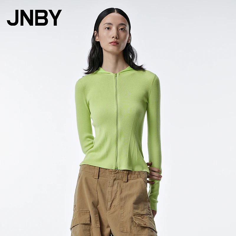 JNBY/江南布衣秋针织衫女连帽开衫短款简约修身舒适上衣5N8310880