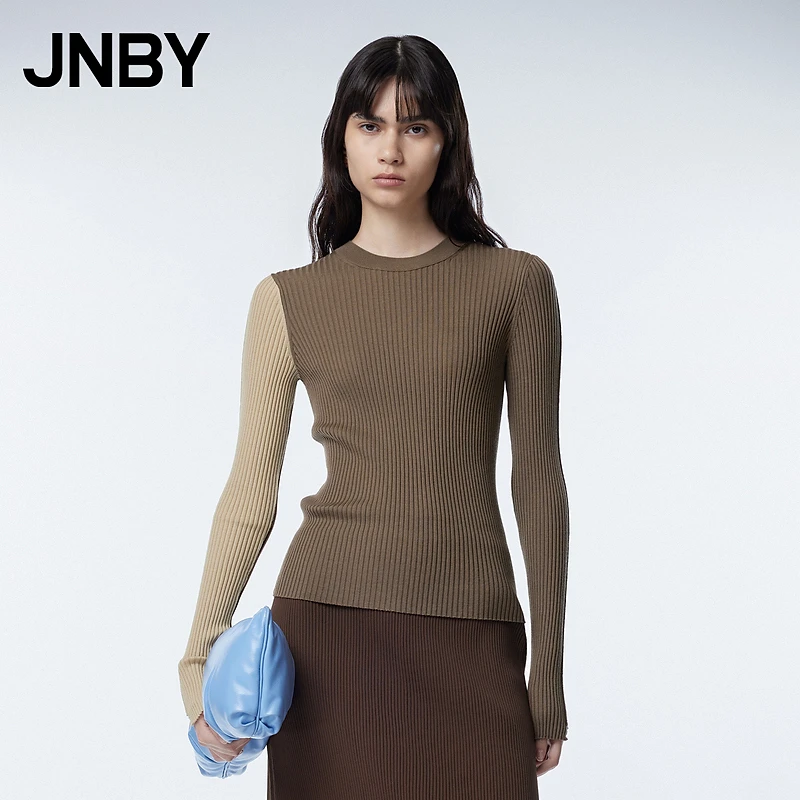 JNBY/江南布衣秋冬羊毛针织衫女拼接款圆领修身气质毛衫5NA313300
