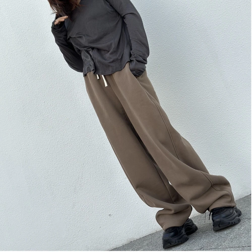 女外穿直筒加厚大码高腰休闲法棍面膜裤阔腿长裤运动拖地暖棉裤冬