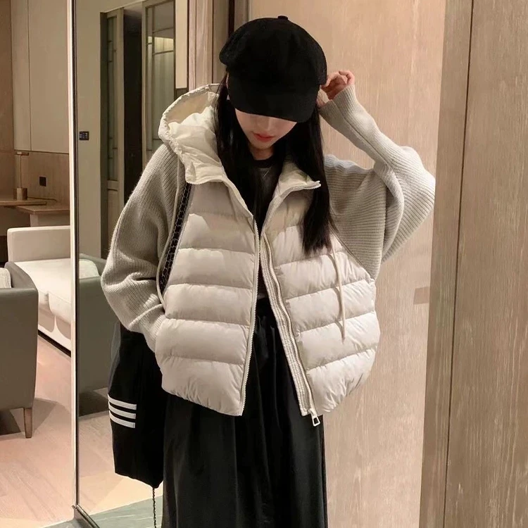 2023冬季新款针织拼接蝙蝠袖卫衣羽绒服女拼接假两件显瘦连帽外套