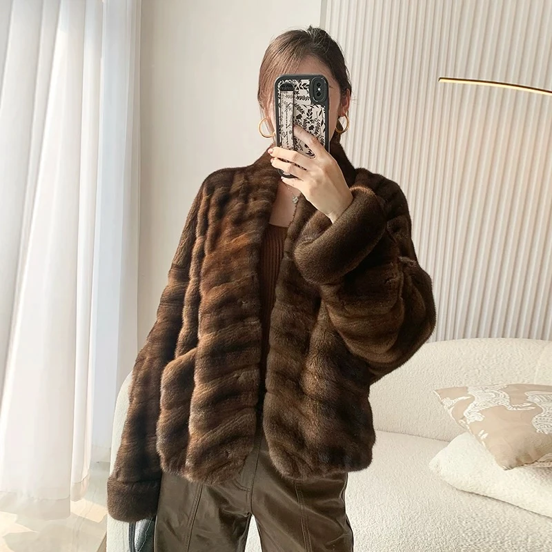 付智恩 「好莱坞之夜」进口紫标级水貂皮草复古横排V领貂皮新款女装