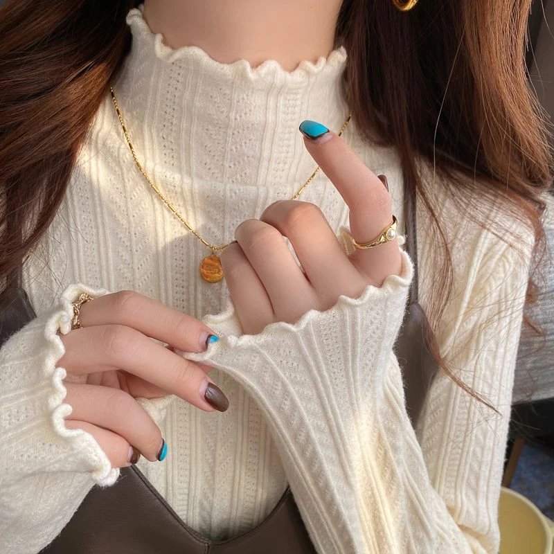 高品质木耳边针织衫半高领打底衫女秋内搭绝美打底毛衣女上衣长袖