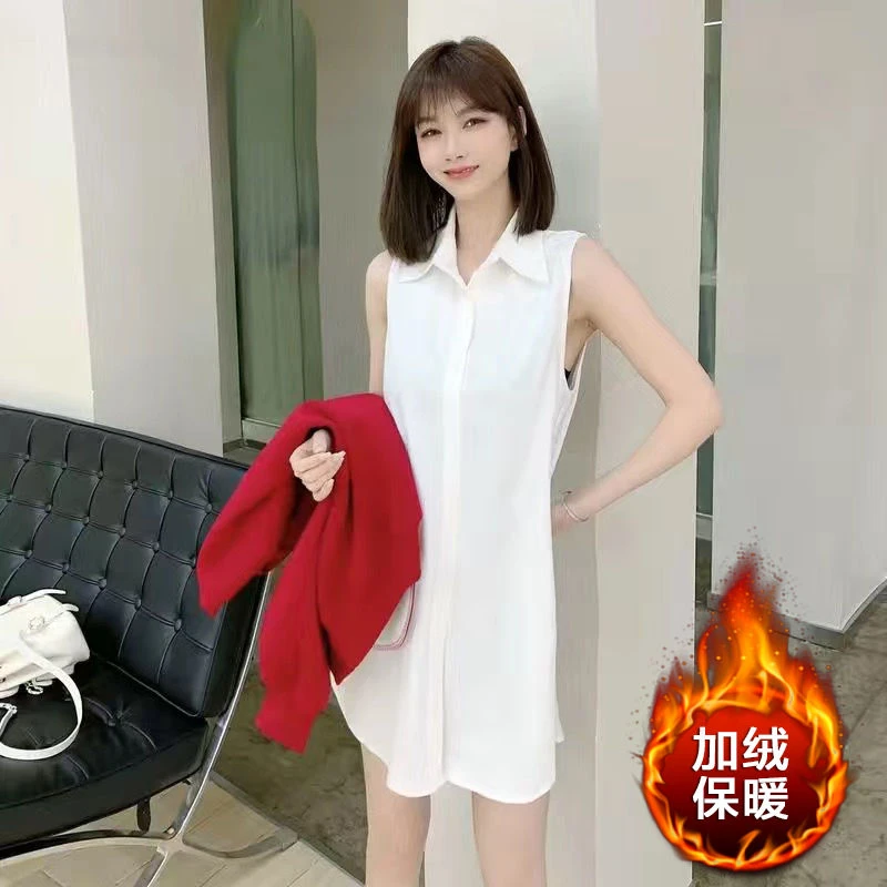 2025衬衫女秋冬款中长款叠穿内搭加绒大码幂式穿搭白背心无袖衬衣