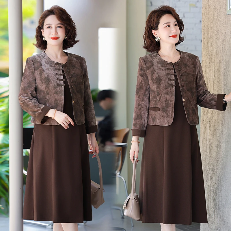 《婷轩阁》妈妈秋装连衣裙两件套中老年女裙子上衣外套时尚aa5152