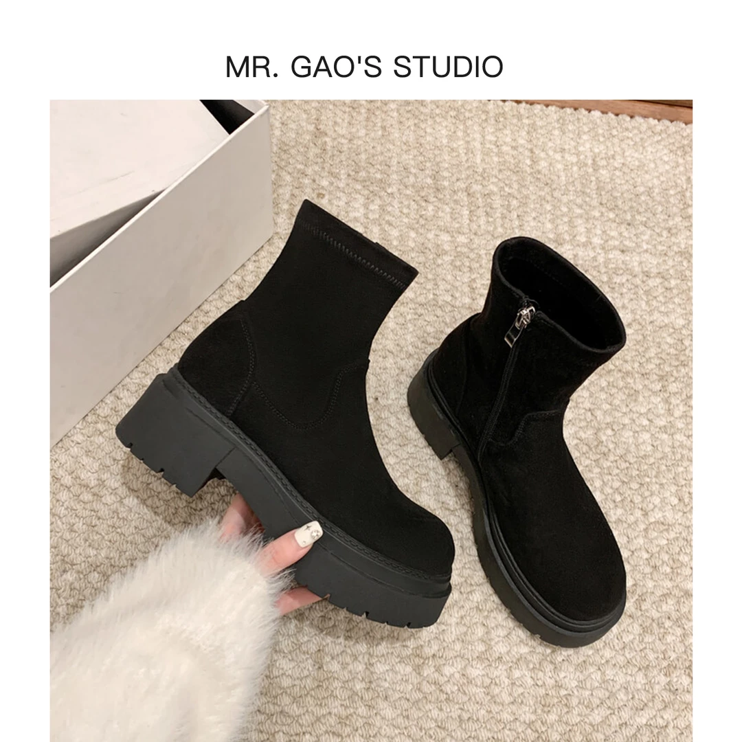 MR.GAO/高老板轻奢秋冬厚底显瘦弹力靴圆头百搭绒面增高时尚/短靴