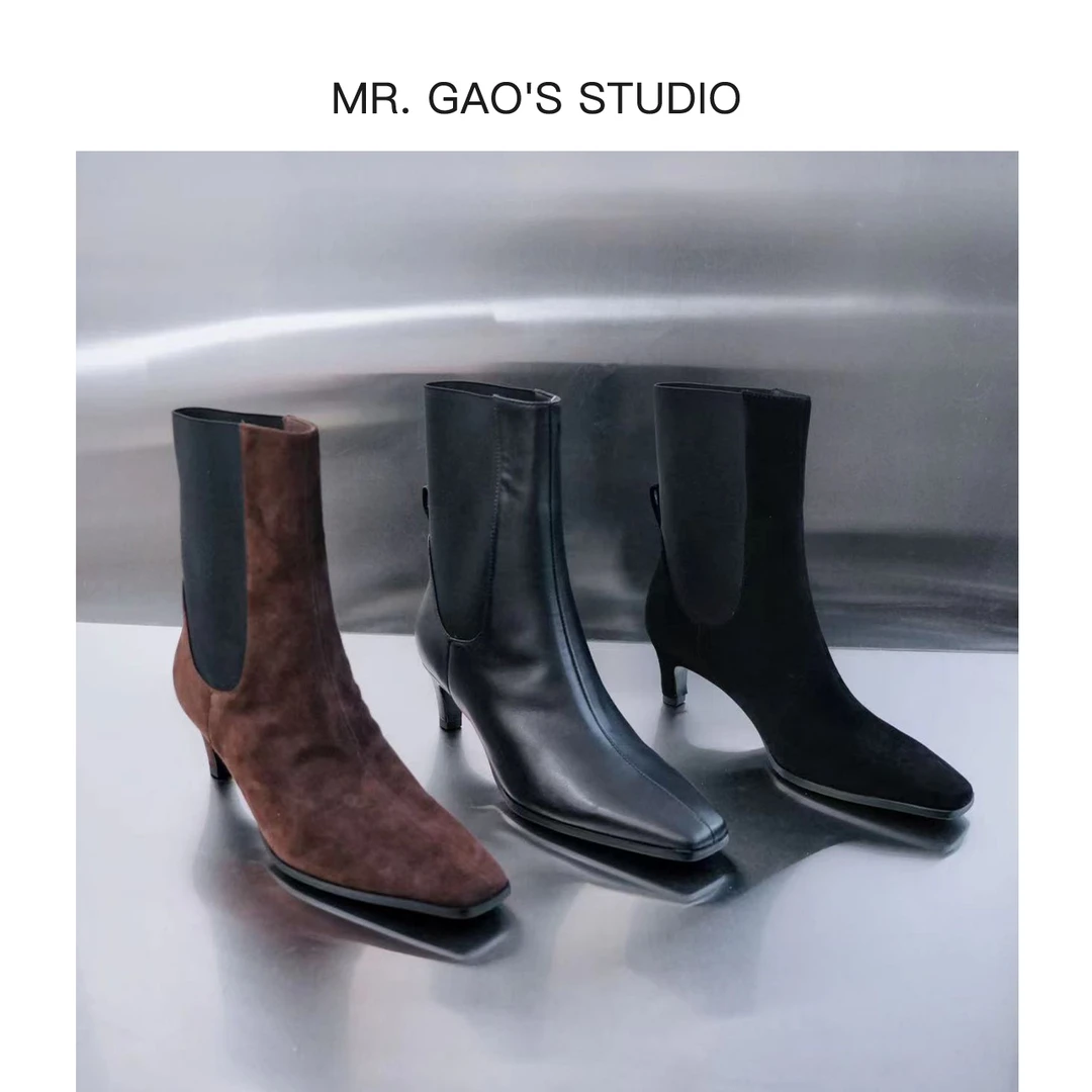 【Mr.Gao】秋冬新款高跟气质舒适短靴经典真皮瘦瘦短靴时尚方头女靴