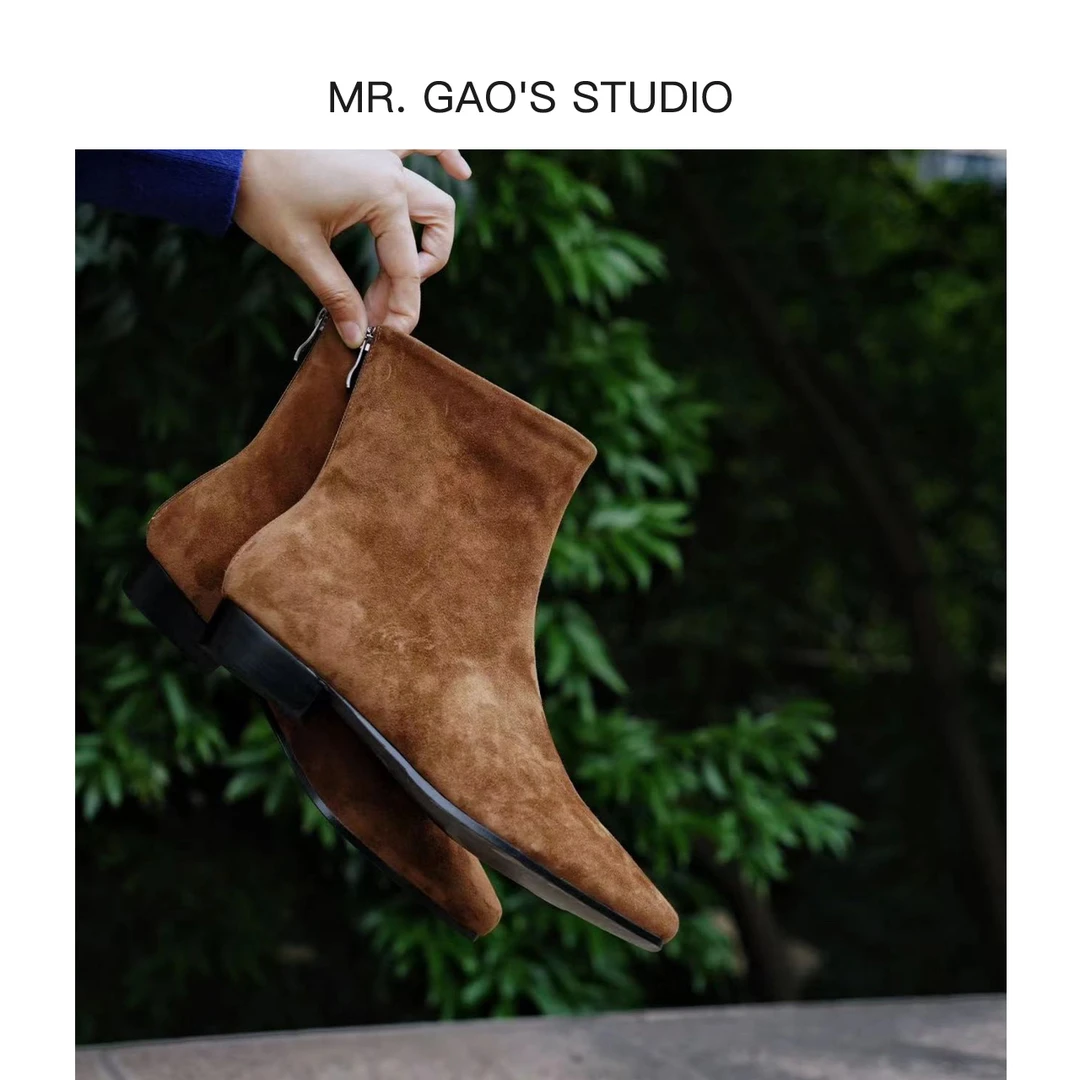 【Mr.Gao】秋冬新款极简风舒适真皮踝靴百搭方头粗跟时尚瘦瘦靴短靴