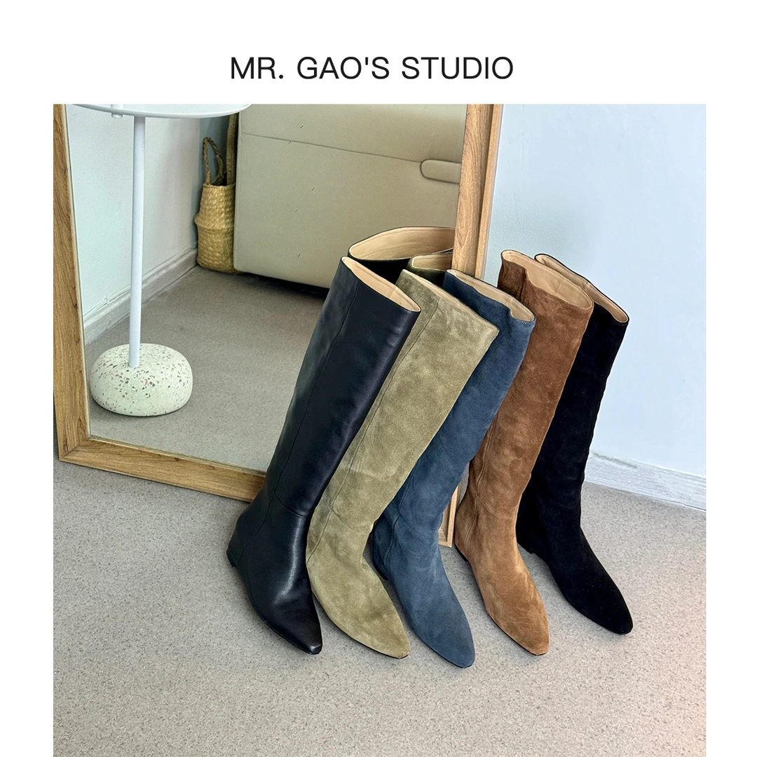 MR.GAO/高老板轻奢内增4cm时髦小众平底长筒靴显瘦高筒小方头女靴