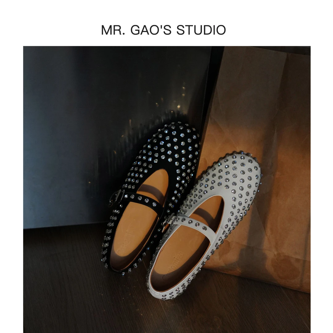 MR.GAO/高老板轻奢/软底一字扣带平底玛丽珍真皮百搭水钻内增单鞋
