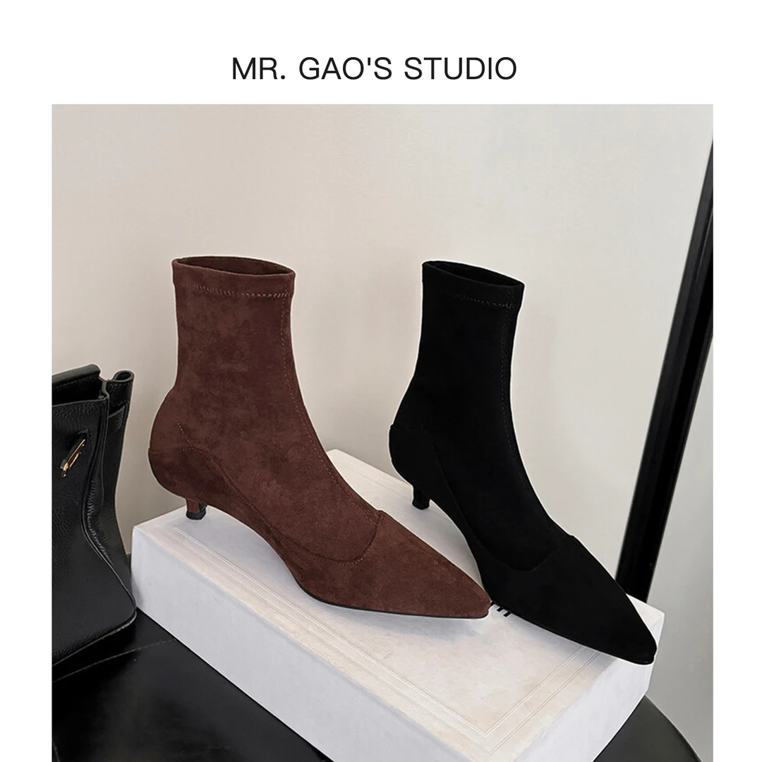 MR.GAO/高老板轻奢3.5cm法式绒面弹力靴猫跟尖头瘦瘦短靴气质女靴