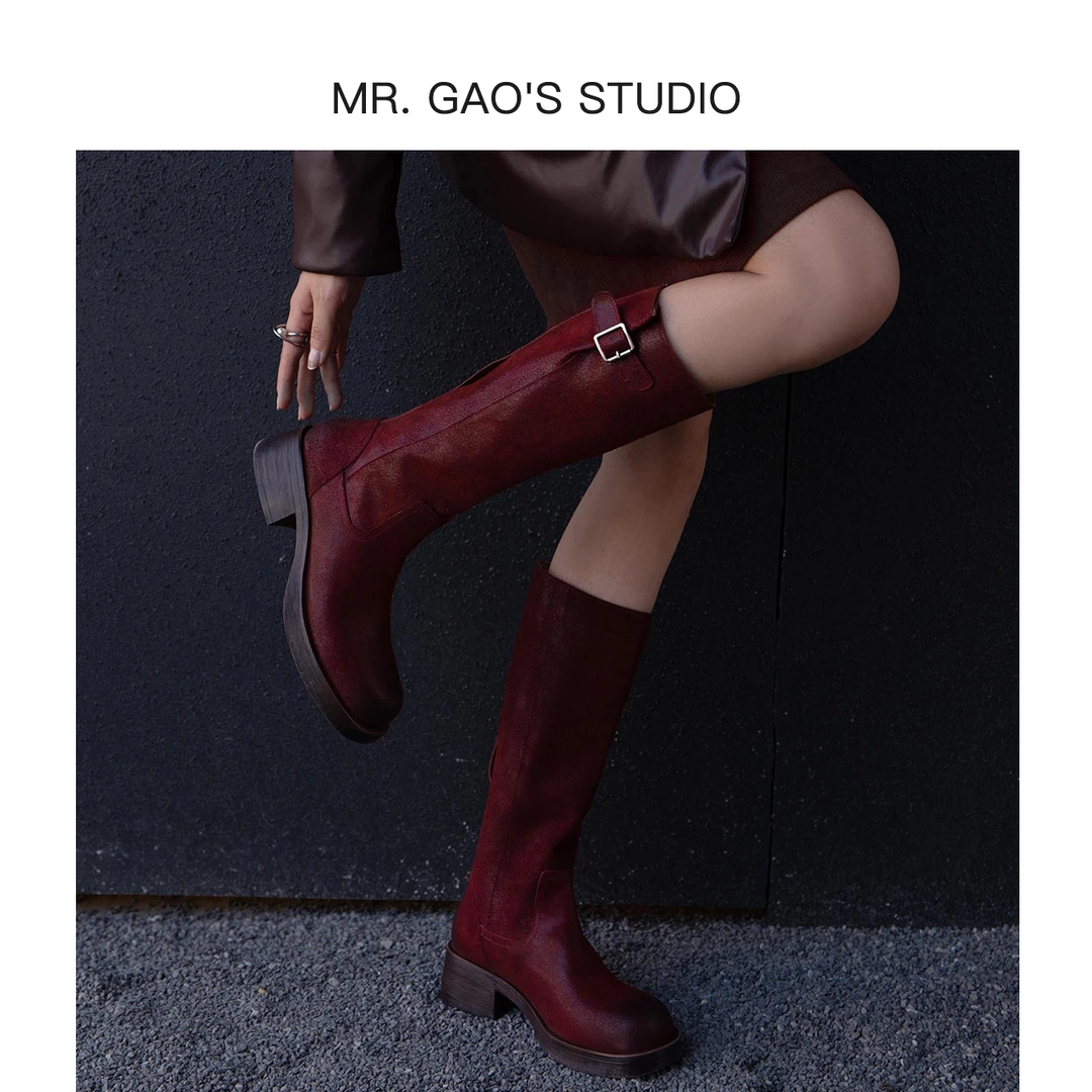 MR.GAO/高老板轻奢复古檫色不过膝骑士靴/「雅丹」方头/粗跟/时装靴