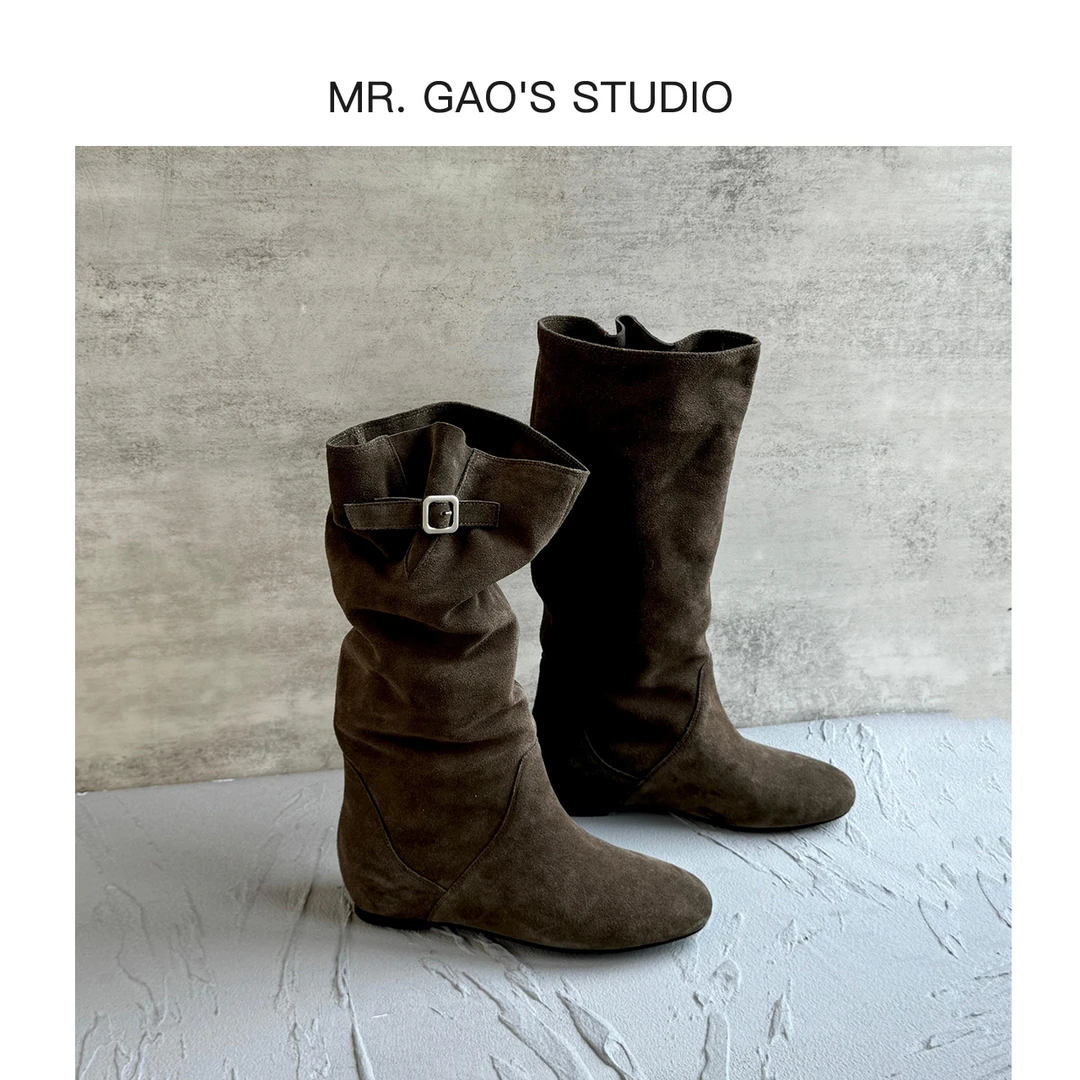 MR.GAO/高老板轻奢4.5cm慵懒风内增高堆堆靴复古长筒西部牛仔女靴