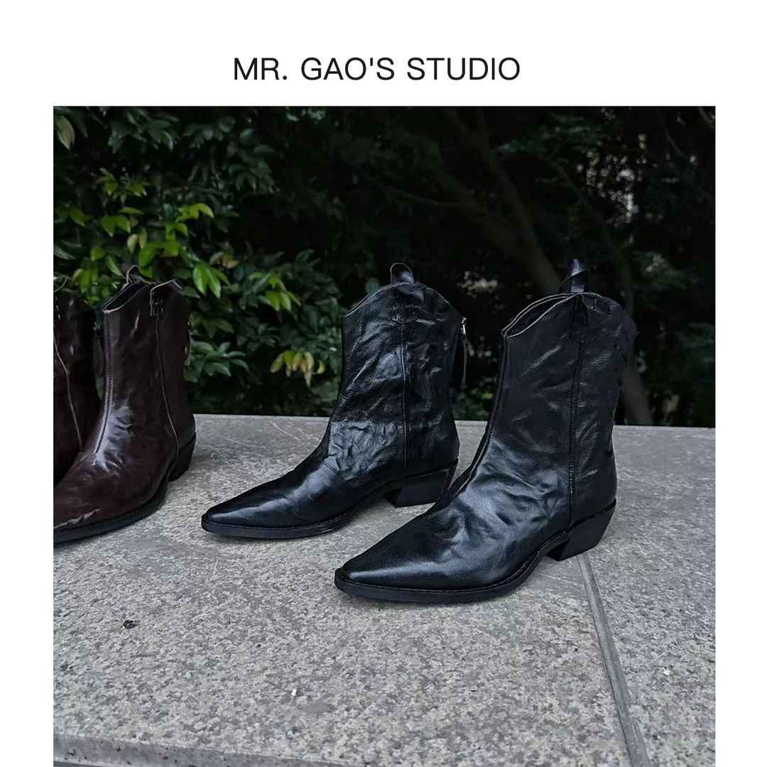 MR.GAO/高老板轻奢小众设计褶皱V口异型跟时装靴短筒尖头时尚女靴