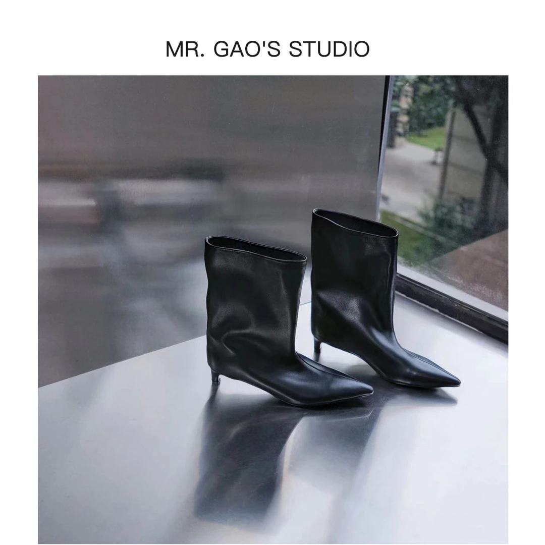 【Mr.Gao】秋冬新款小众设计北欧风一脚蹬时尚中筒靴真皮宽筒围女靴