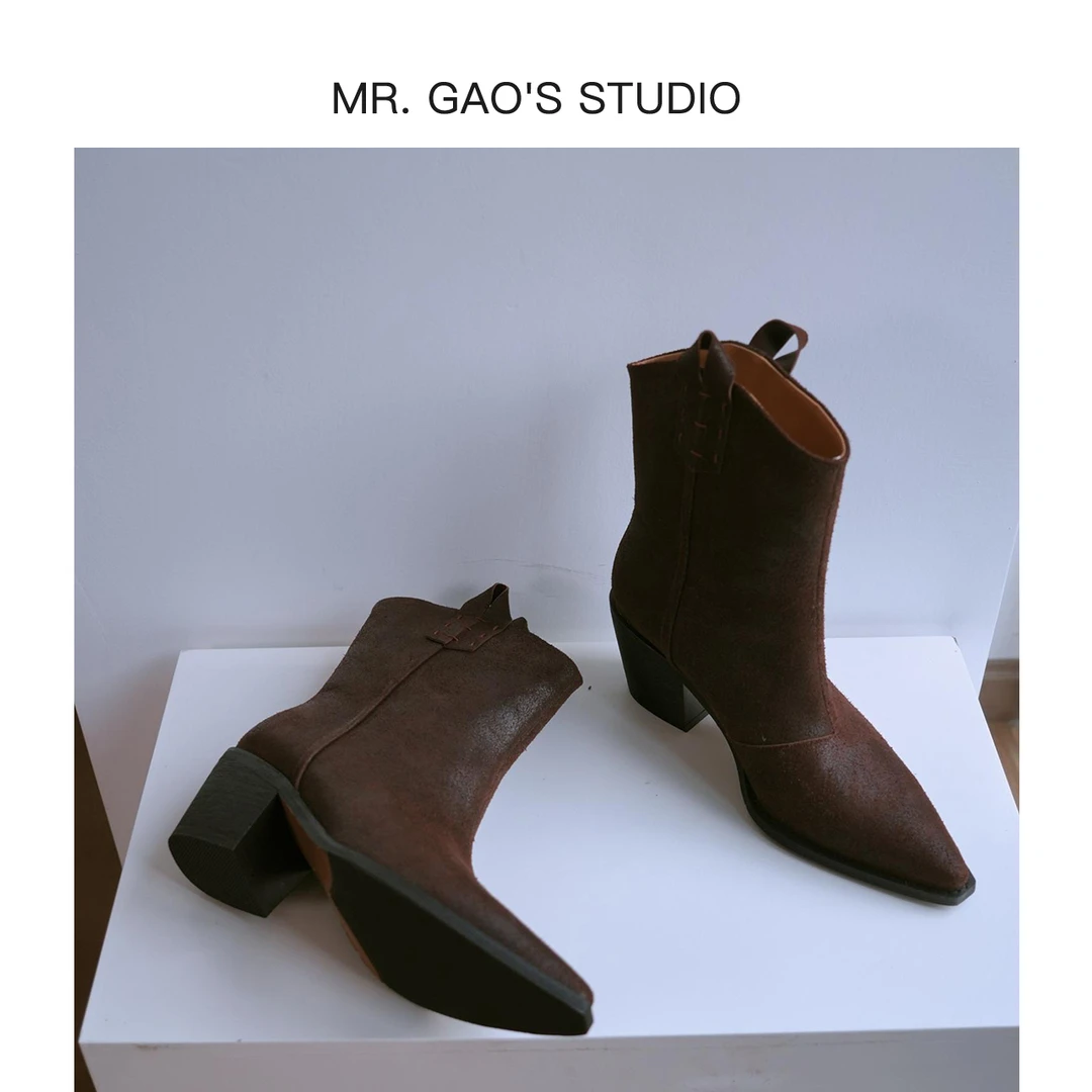 MR.GAO/高老板轻奢小众设计气质尖头粗跟时尚西部靴真皮高跟/女靴