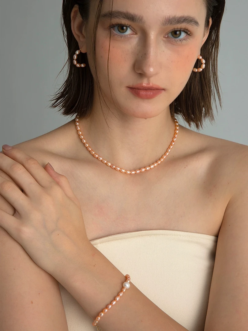 4mm橘色天然米珠项链轻奢减龄款珍珠项链小众法式时尚