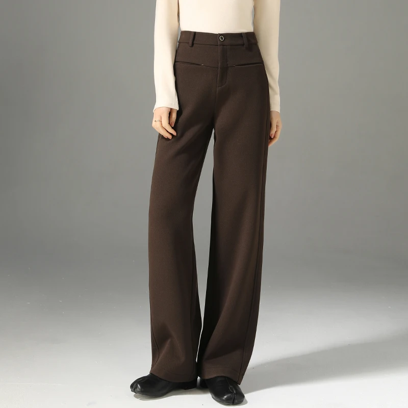 美拉德咖色毛呢阔腿裤女2024新款梨形身材裤子秋冬加厚休闲直筒裤