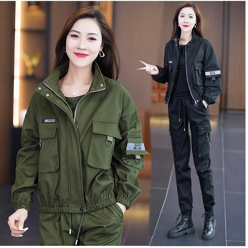 户外迷彩服套装女2025春秋新款显瘦短款夹克外套束脚裤工装三件套