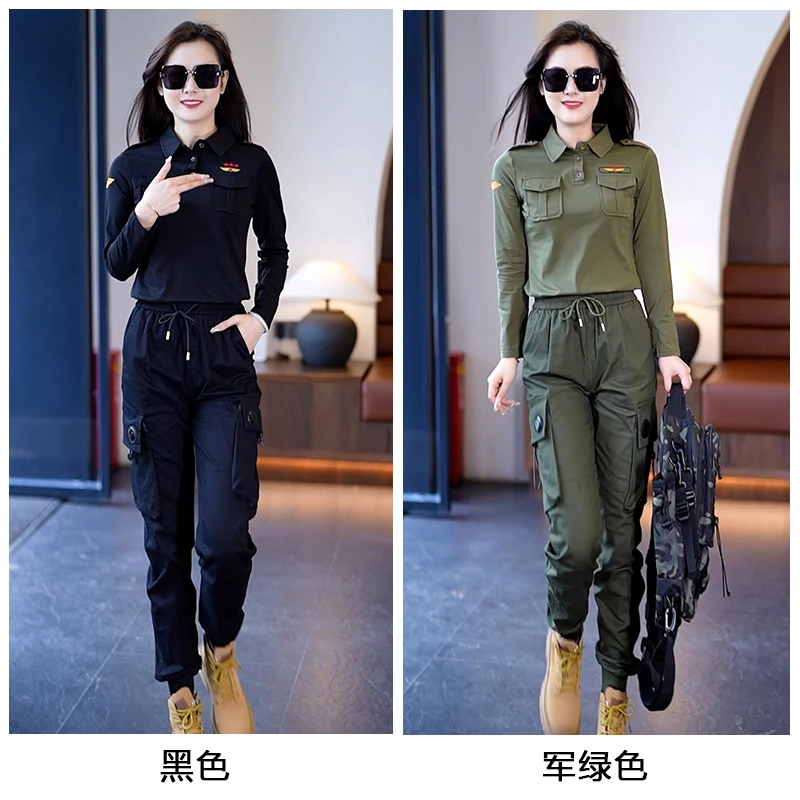 迷彩服春秋新款女POLO衫T恤翻领长袖工装束脚裤休闲水兵舞服套装