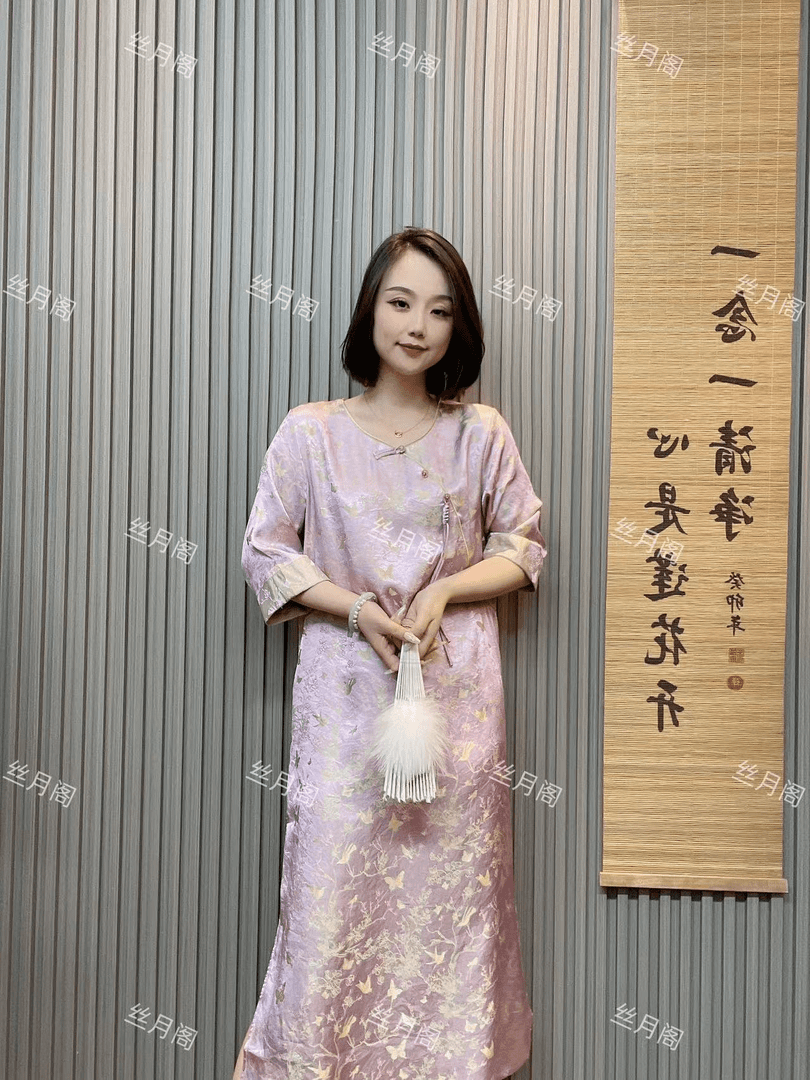 涟漪-新中式盘扣斜襟提花连衣裙2024夏季新款国风复古优雅裙子
