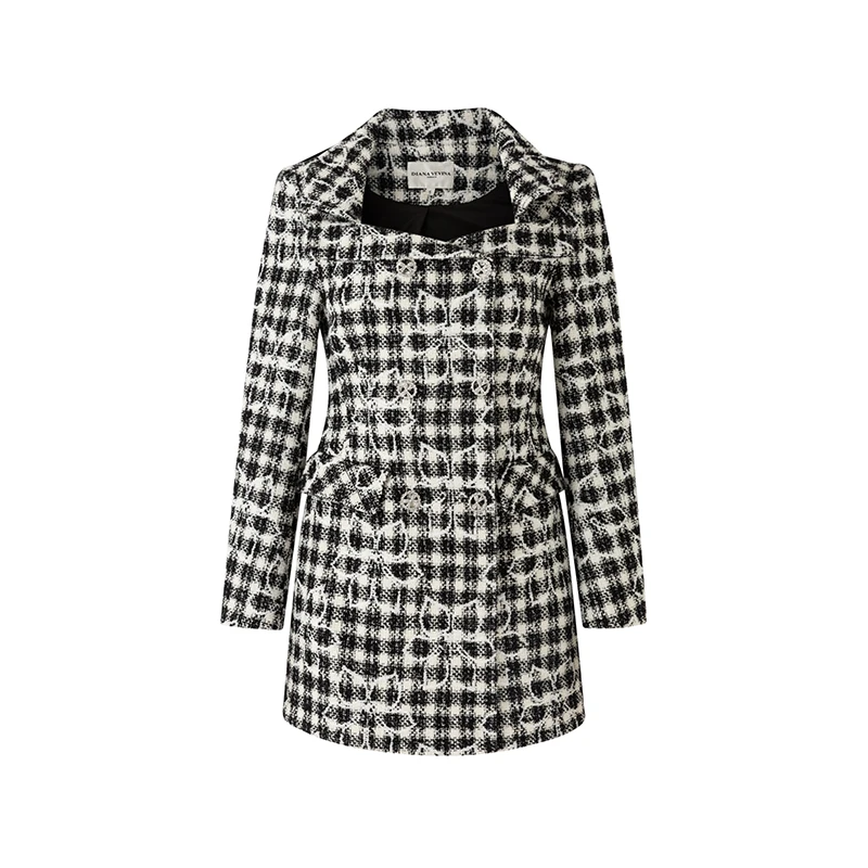 DIANA VEVINA  黑白格印花方领连衣裙