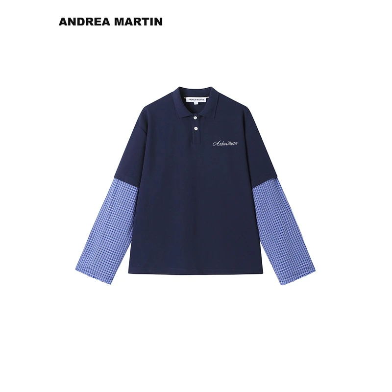 ANDREA MARTIN24秋新款藏青色假两件拼接宽松休闲polo衫
