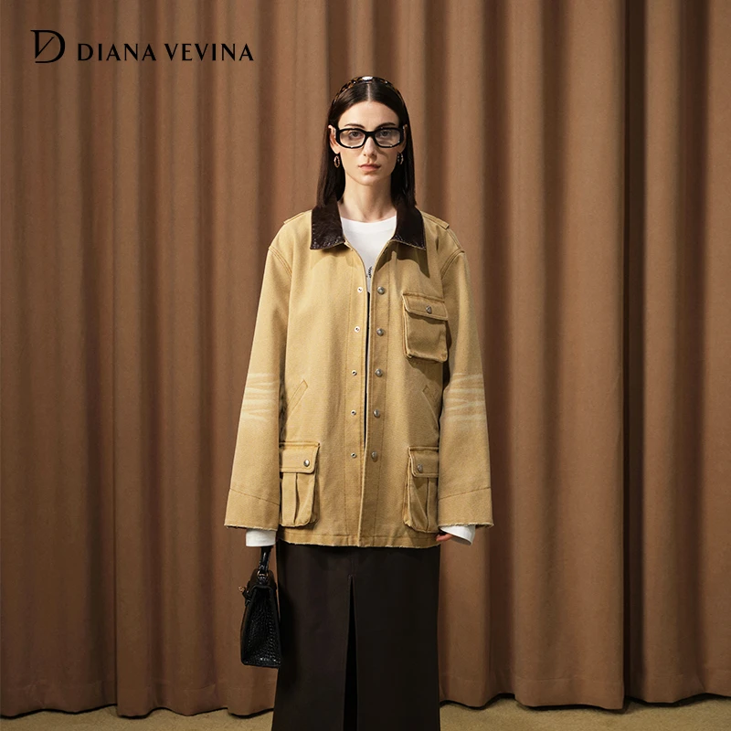 DIANA VEVINA24秋冬PU翻领撞色拼接工装风牛仔外套英伦工装外套