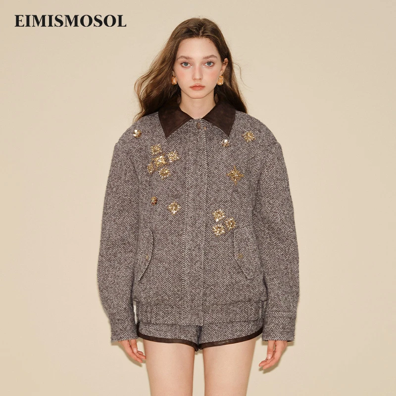 EIMISMOSOL咖色毛呢拼皮夹棉套装24秋冬新款百搭耐穿摩登英伦休闲