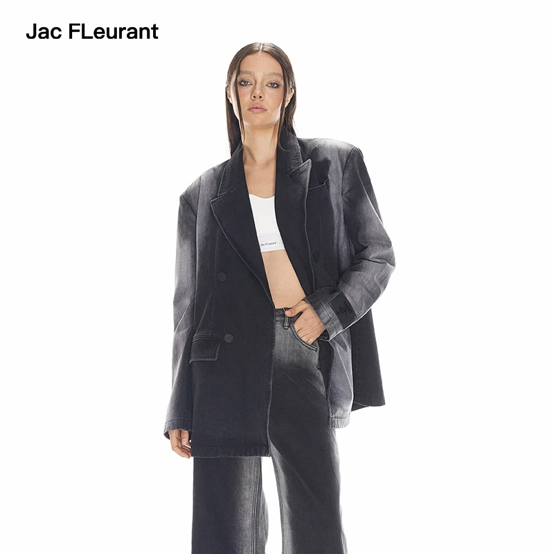 官方直营2024秋冬黑灰水洗渐变牛仔西服廓形外套