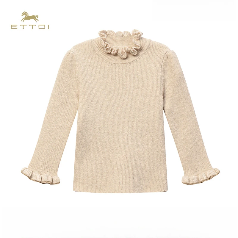 ETTOI秋冬爱多娃儿童针织衫新款半高领毛衣香槟米色