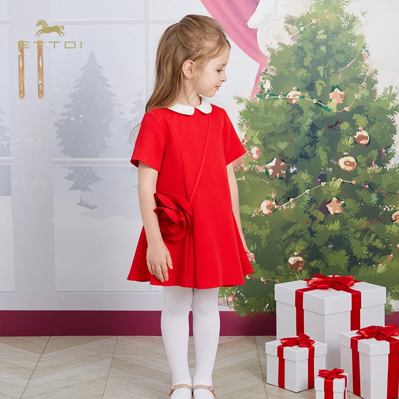 ETTOI2024年秋季新款爱多娃女童连衣裙女宝宝红色周岁礼服公主裙