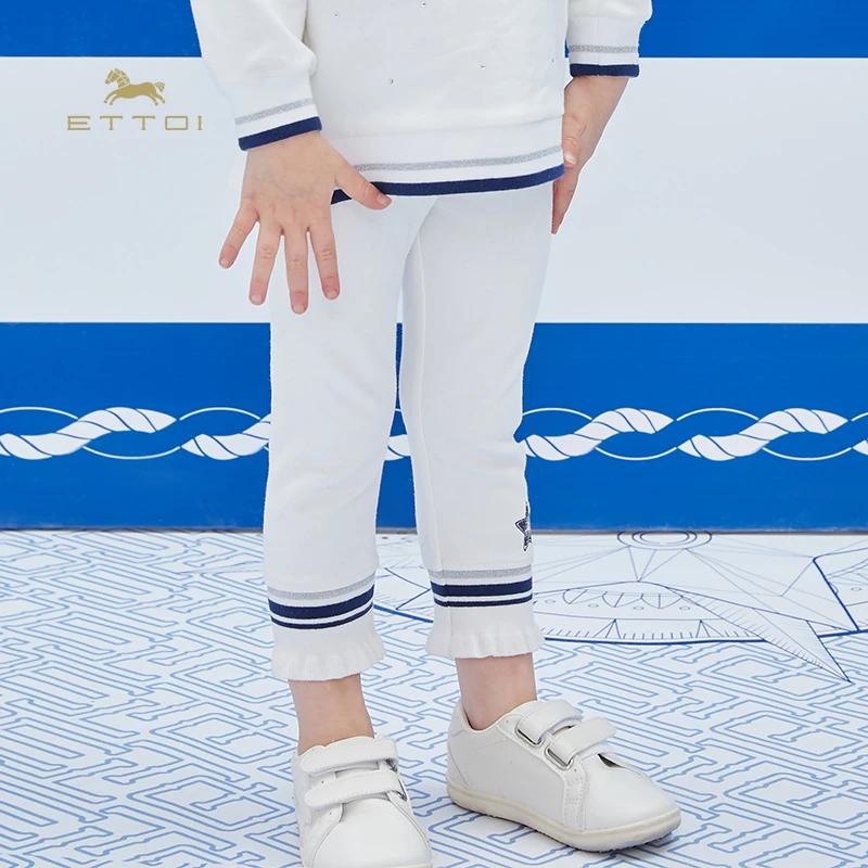 ETTOI爱多娃儿童裤子秋装女孩花边打底裤新款女宝宝绣花休闲长裤