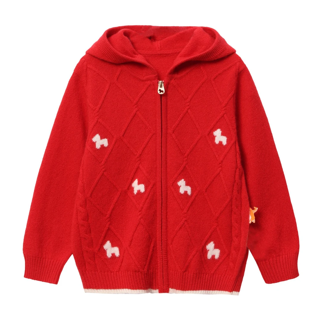 ETTOI爱多娃红色新宽松毛衣百搭连帽儿童羊绒针织衫