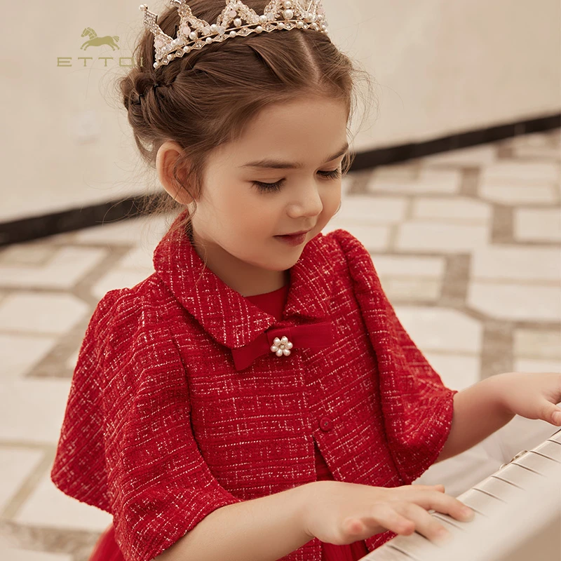 ETTOI童装春秋款中国红节日氛围女童儿童斗篷披风外