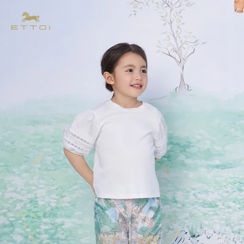 ETTOI女童短袖T恤新款夏泡泡袖英伦女宝宝上衣打底