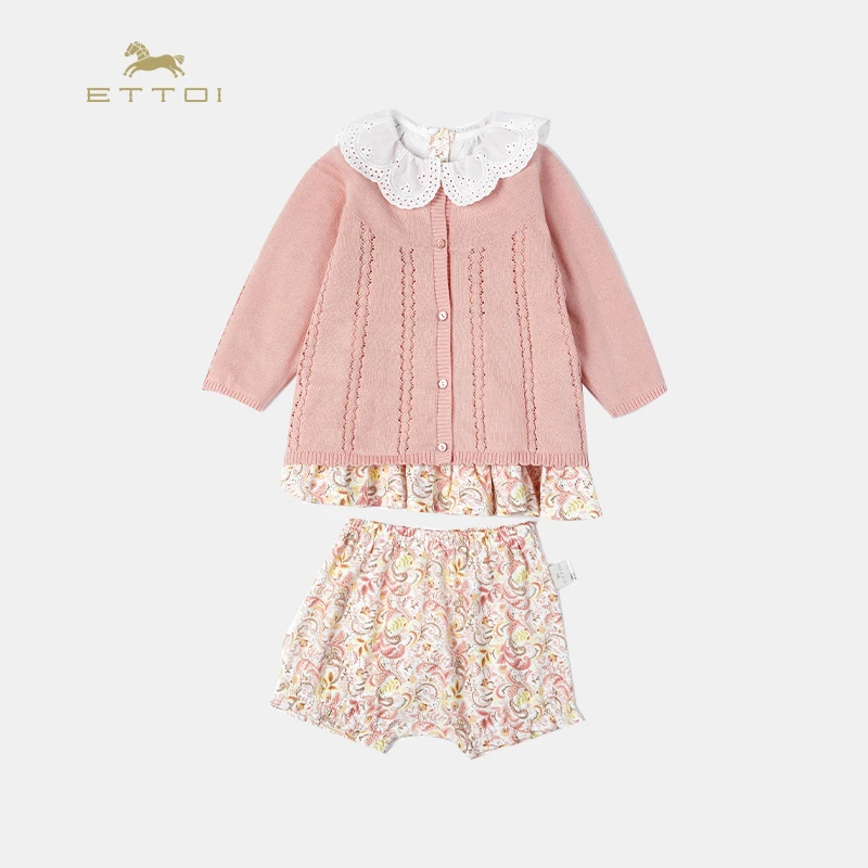 ETTOI爱多娃童装春秋棉粉色印花上衣针织衫女童连衣裙套装甜美
