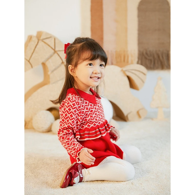 ETTOI爱多娃童装女宝宝红色羊绒连衣裙新年百搭裙子ZKFL