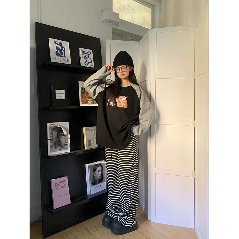 韩系可爱小狗长袖T恤睡衣女春秋款休闲条纹长裤家居服套装可外穿