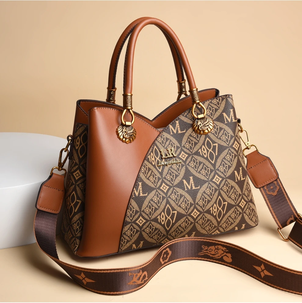 拼接软皮手提包简约百搭时尚单肩包斜挎包女士托特包