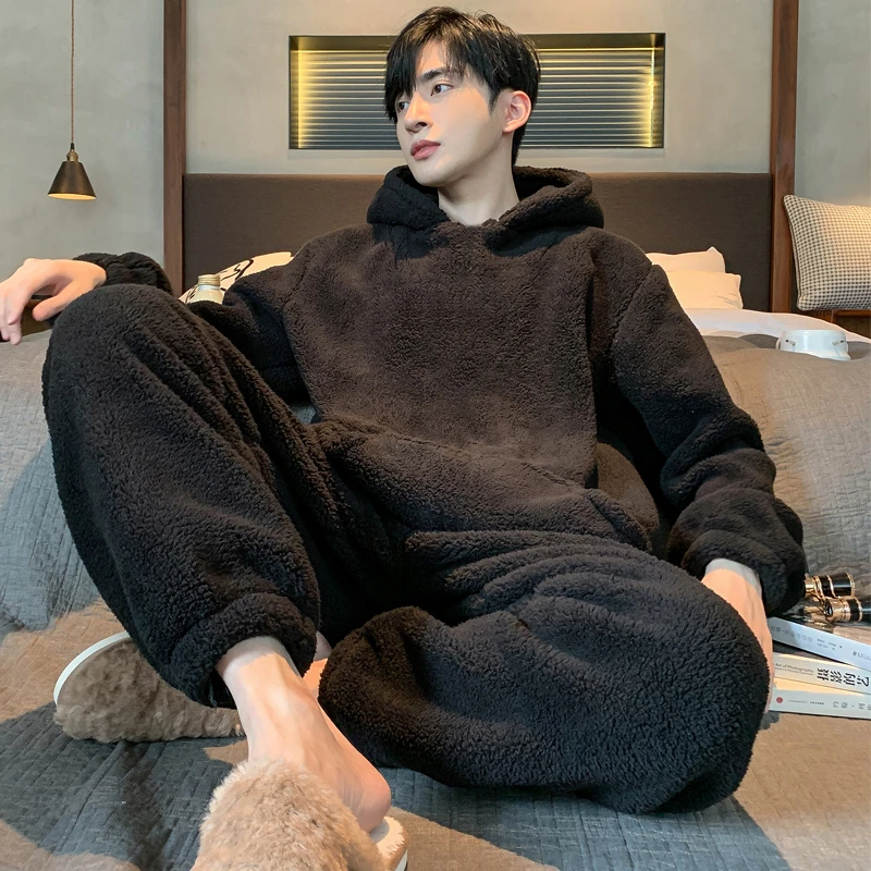 珊瑚绒男士睡衣冬季加厚加绒保暖冬天青少年纯色家居服套装秋冬款