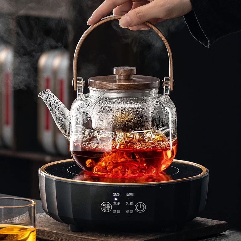 新款胡桃木电陶炉煮茶器玻璃烧水壶大容量煮茶壶围炉电热茶炉套装