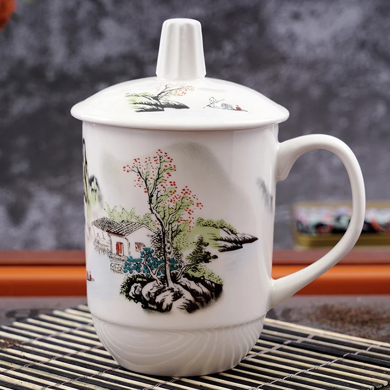 景德镇陶瓷白色会议杯陶瓷杯子商务办公杯带盖水杯宾馆家用杯中式
