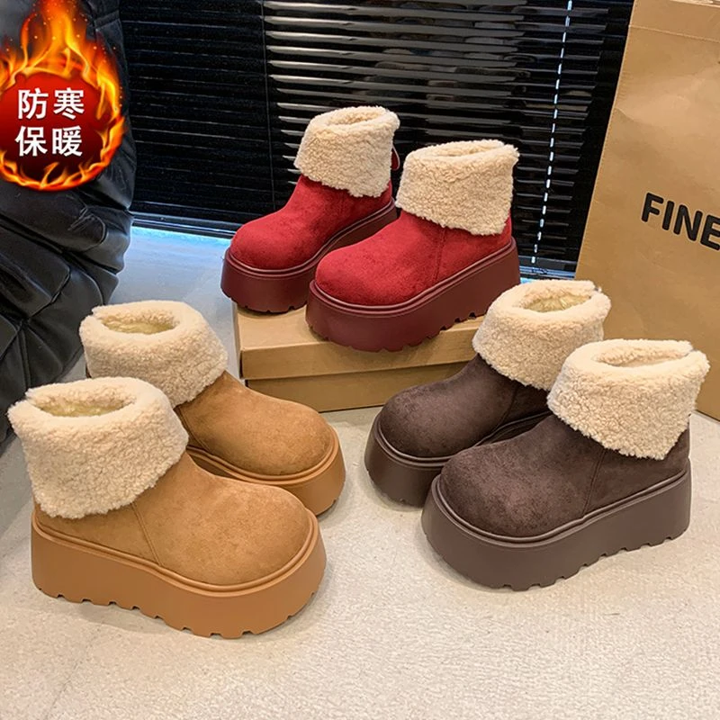 2024冬季新款百搭法式洋气厚底坡跟短筒防滑保暖时尚雪地靴女网红