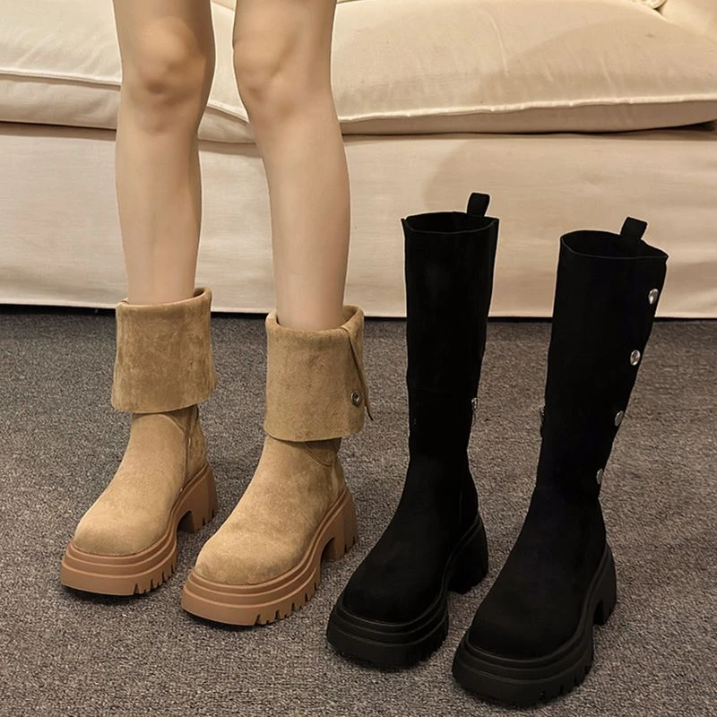 两穿骑士靴2024秋季新款长筒靴欧美风小众翻边卡其色长靴中筒靴女