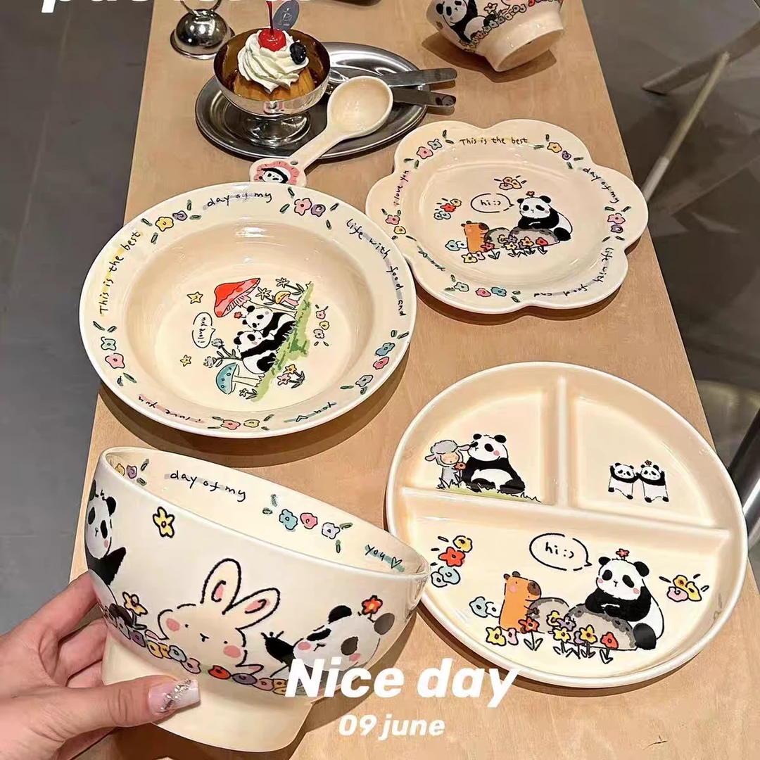 可爱熊猫奶呼呼家用陶瓷餐具高颜值碗盘搬家礼物送人可爱网红创意